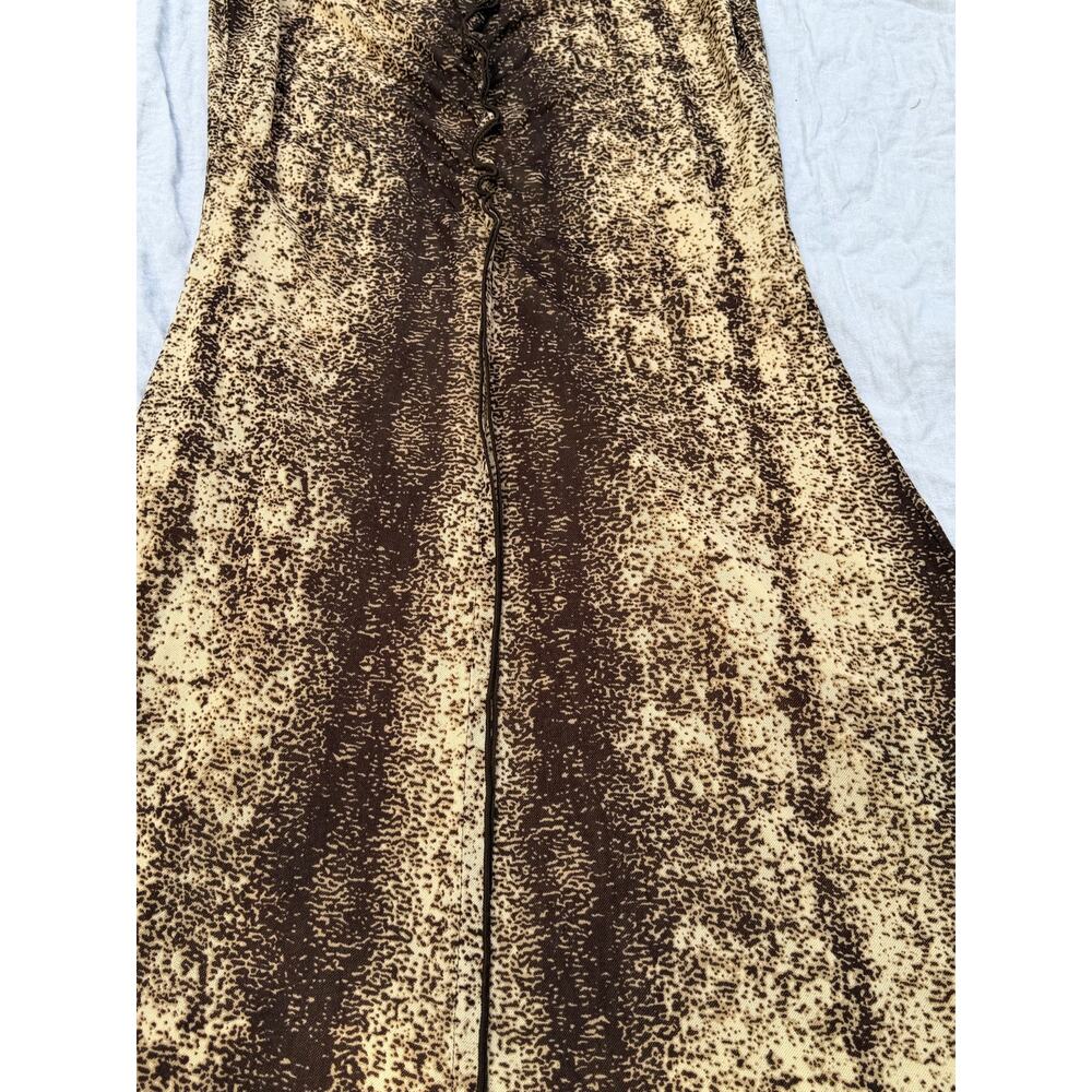 Y2K Whimsigoth Brown Mesh Ruched Lettuce Trim Midi Dress python snake print - Picture 3 of 7